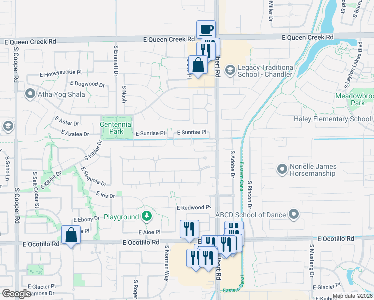 map of restaurants, bars, coffee shops, grocery stores, and more near 2903 East Indigo Place in Chandler