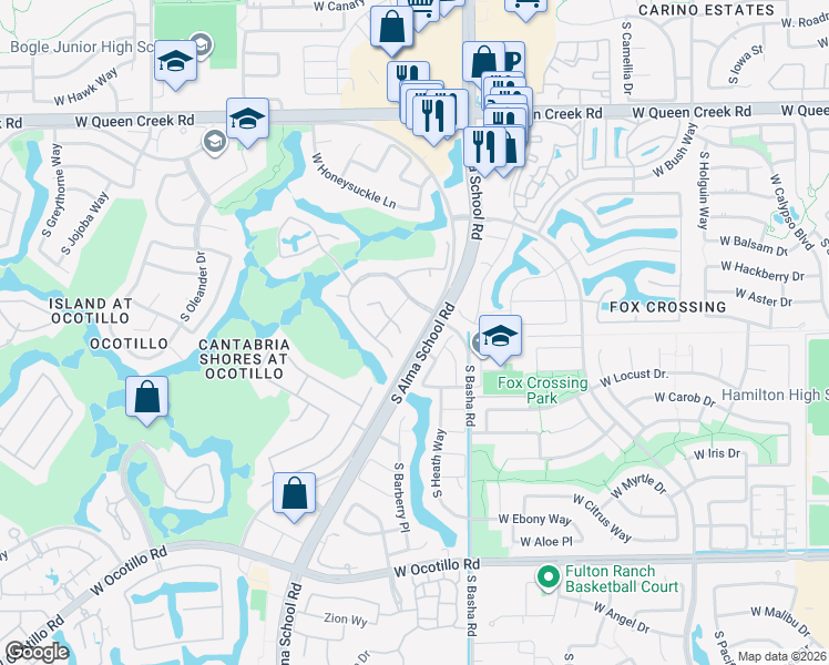 map of restaurants, bars, coffee shops, grocery stores, and more near 1162 West Sunrise Place in Chandler