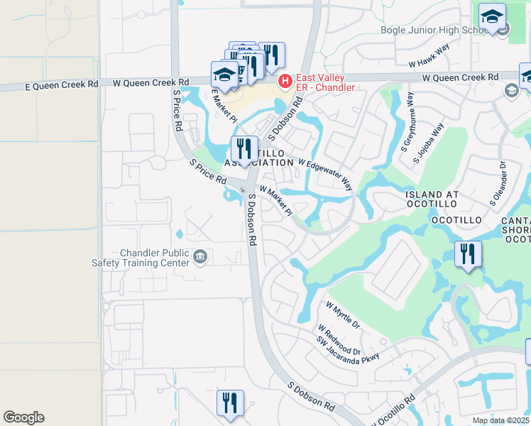 map of restaurants, bars, coffee shops, grocery stores, and more near 2477 West Market Place in Chandler