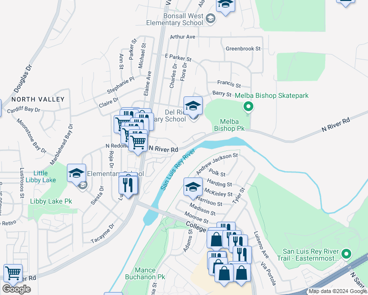 map of restaurants, bars, coffee shops, grocery stores, and more near 5130 River Circle in Oceanside