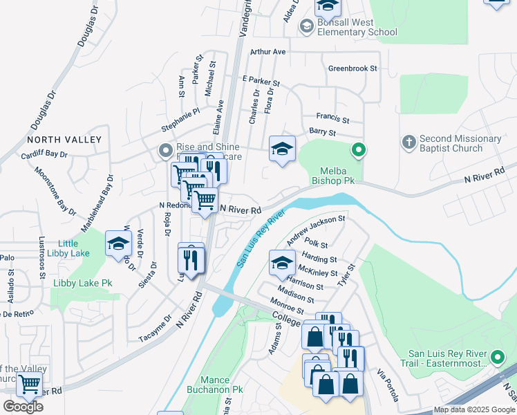 map of restaurants, bars, coffee shops, grocery stores, and more near North River Circle in Oceanside
