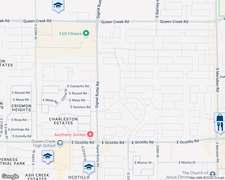 map of restaurants, bars, coffee shops, grocery stores, and more near 22454 East Russet Road in Queen Creek