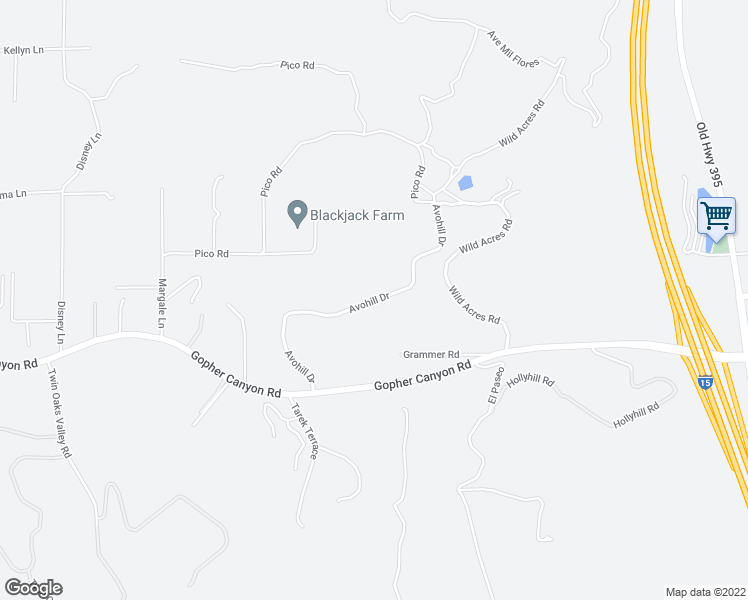 map of restaurants, bars, coffee shops, grocery stores, and more near Avohill Drive in Bonsall