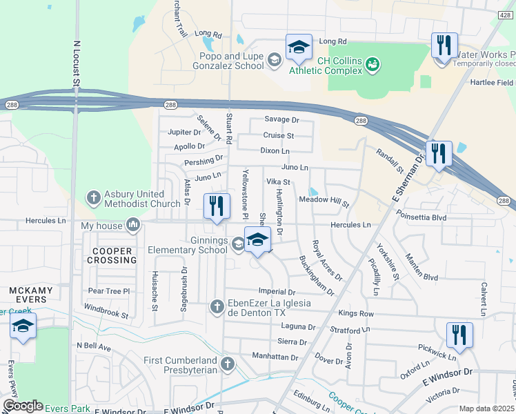 map of restaurants, bars, coffee shops, grocery stores, and more near 3821 Sheraton Road in Denton