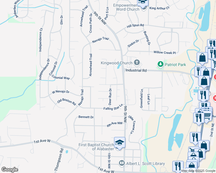 map of restaurants, bars, coffee shops, grocery stores, and more near 121 Sundance in Alabaster
