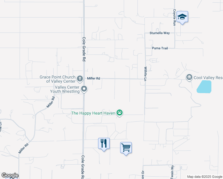 map of restaurants, bars, coffee shops, grocery stores, and more near 30265 Miller Road in Valley Center