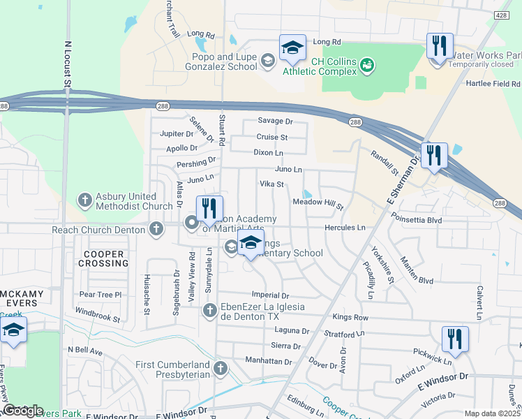 map of restaurants, bars, coffee shops, grocery stores, and more near 3816 Sheraton Road in Denton