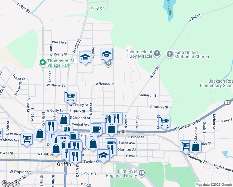 map of restaurants, bars, coffee shops, grocery stores, and more near 512 North 3rd Street in Griffin