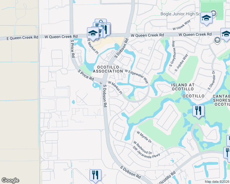 map of restaurants, bars, coffee shops, grocery stores, and more near 2460 West Hope Circle in Chandler