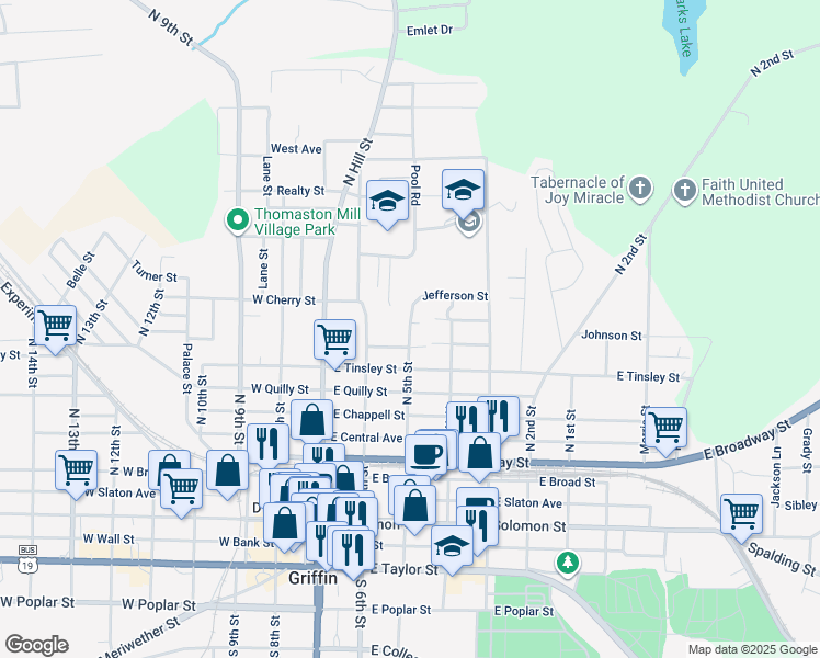 map of restaurants, bars, coffee shops, grocery stores, and more near 437 North 5th Street in Griffin