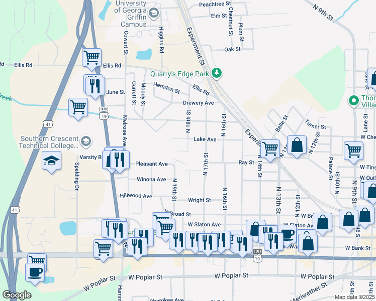 map of restaurants, bars, coffee shops, grocery stores, and more near 422 North 18th Street in Griffin