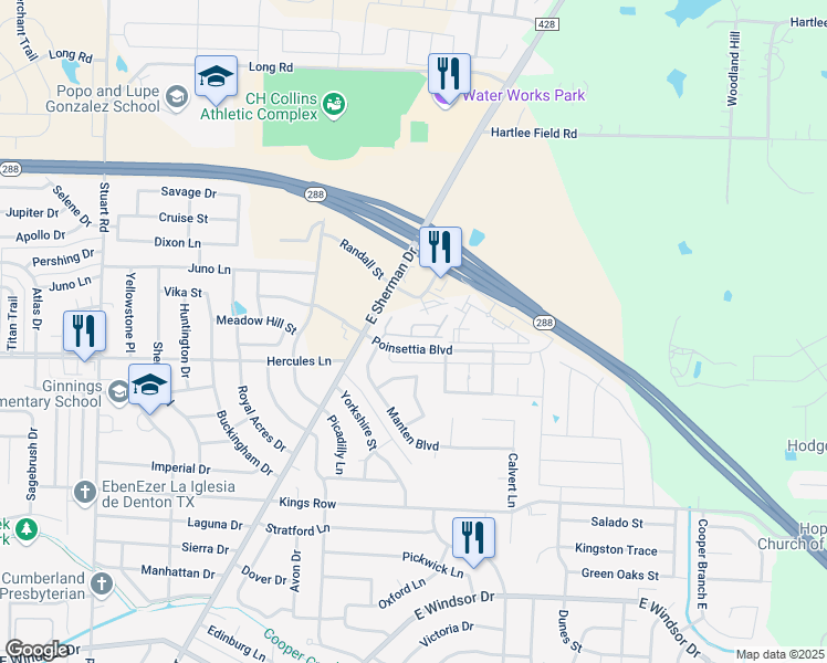map of restaurants, bars, coffee shops, grocery stores, and more near 1406 Poinsettia Boulevard in Denton