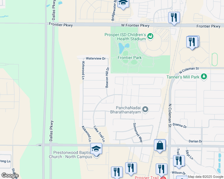 map of restaurants, bars, coffee shops, grocery stores, and more near 1551 Silent Brook Court in Prosper