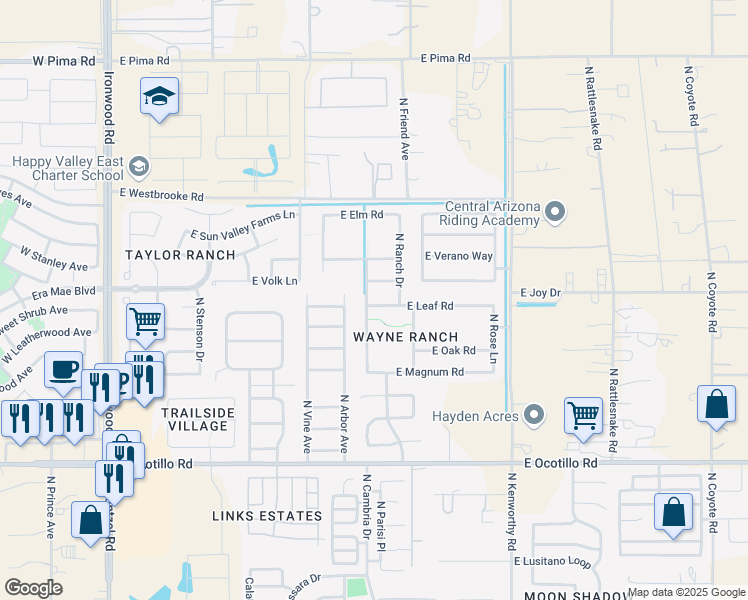 map of restaurants, bars, coffee shops, grocery stores, and more near 1282 East Leaf Road in San Tan Valley