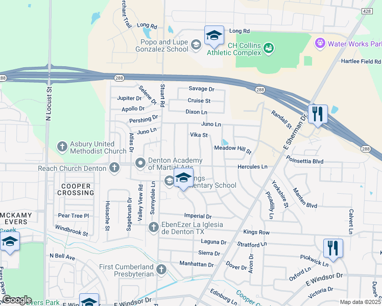 map of restaurants, bars, coffee shops, grocery stores, and more near 3820 Sheraton Road in Denton