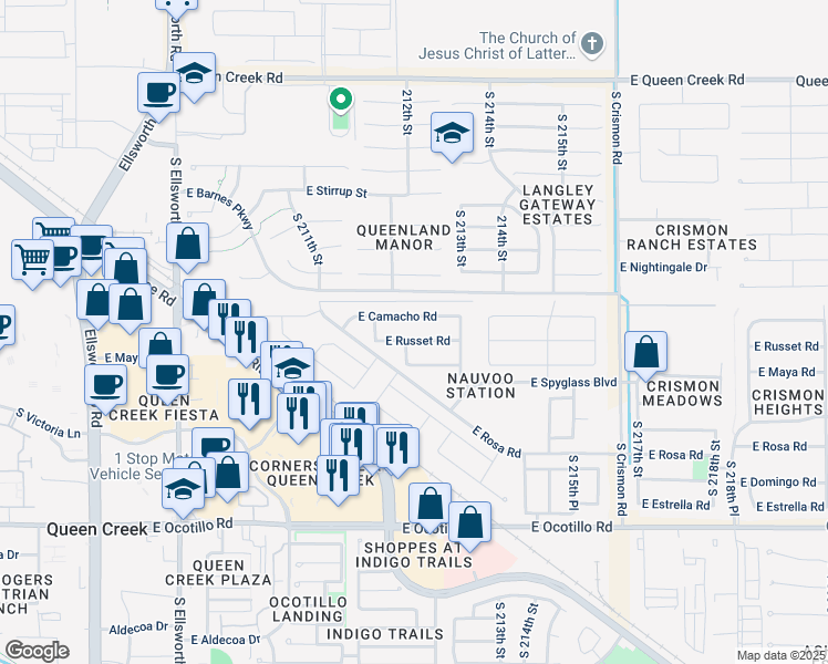 map of restaurants, bars, coffee shops, grocery stores, and more near 21228 East Russet Road in Queen Creek
