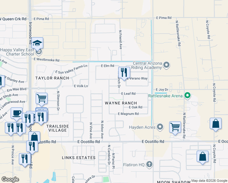 map of restaurants, bars, coffee shops, grocery stores, and more near 1282 East Leaf Road in San Tan Valley