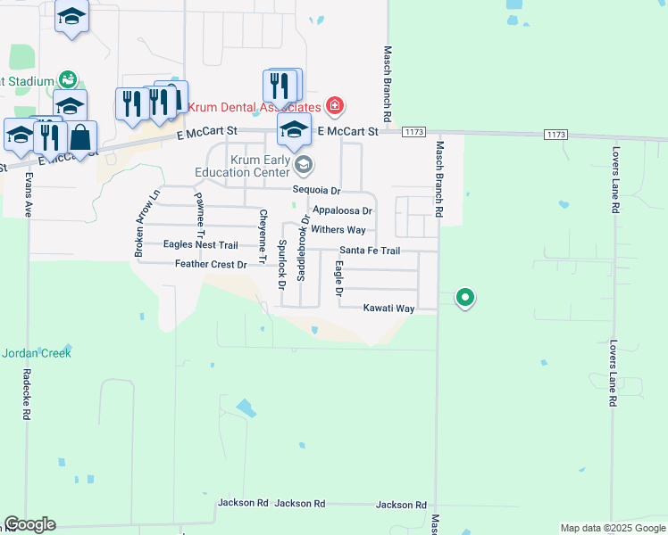 map of restaurants, bars, coffee shops, grocery stores, and more near 317 Eagle Drive in Krum