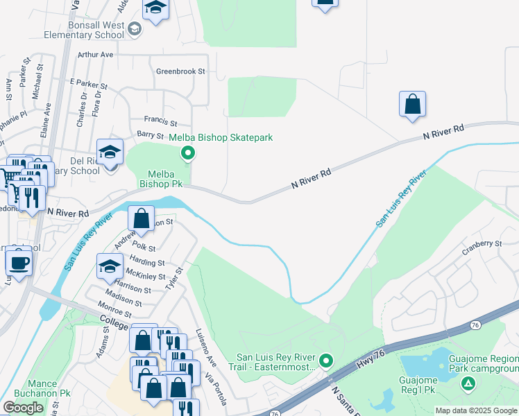 map of restaurants, bars, coffee shops, grocery stores, and more near 5479 North River Road in Oceanside