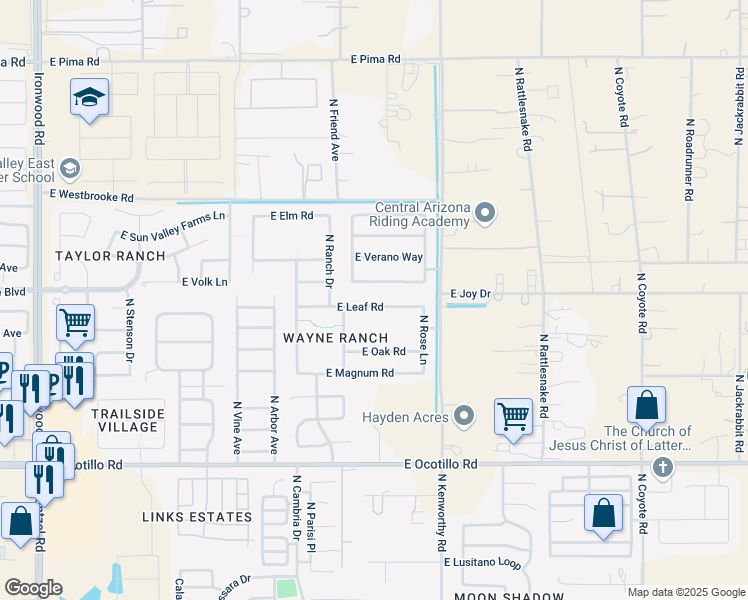 map of restaurants, bars, coffee shops, grocery stores, and more near 1564 East Leaf Road in Queen Creek