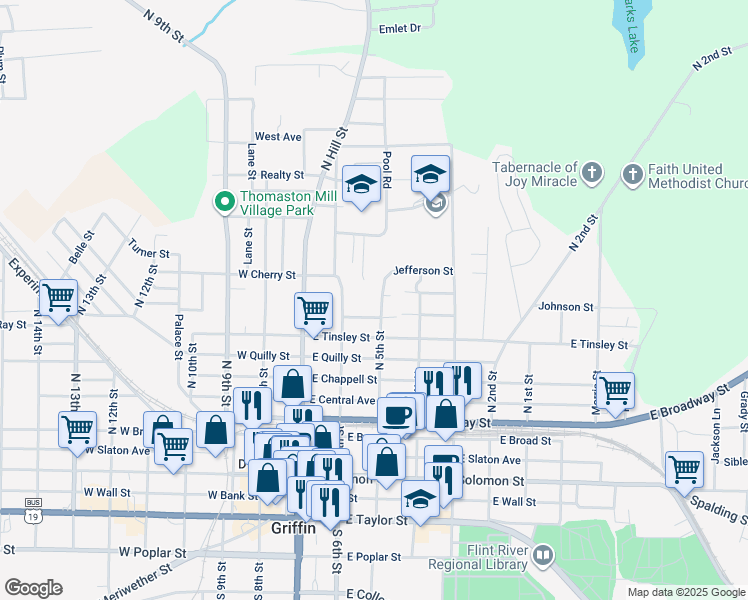 map of restaurants, bars, coffee shops, grocery stores, and more near 437 North 5th Street in Griffin