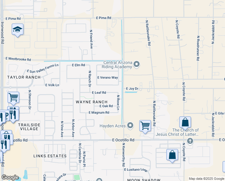 map of restaurants, bars, coffee shops, grocery stores, and more near 1690 East Leaf Road in Queen Creek