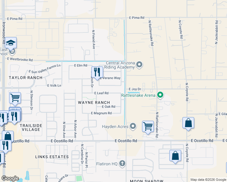 map of restaurants, bars, coffee shops, grocery stores, and more near 1690 East Leaf Road in Queen Creek