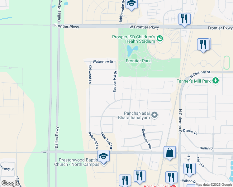 map of restaurants, bars, coffee shops, grocery stores, and more near 1551 Silent Brook Court in Prosper