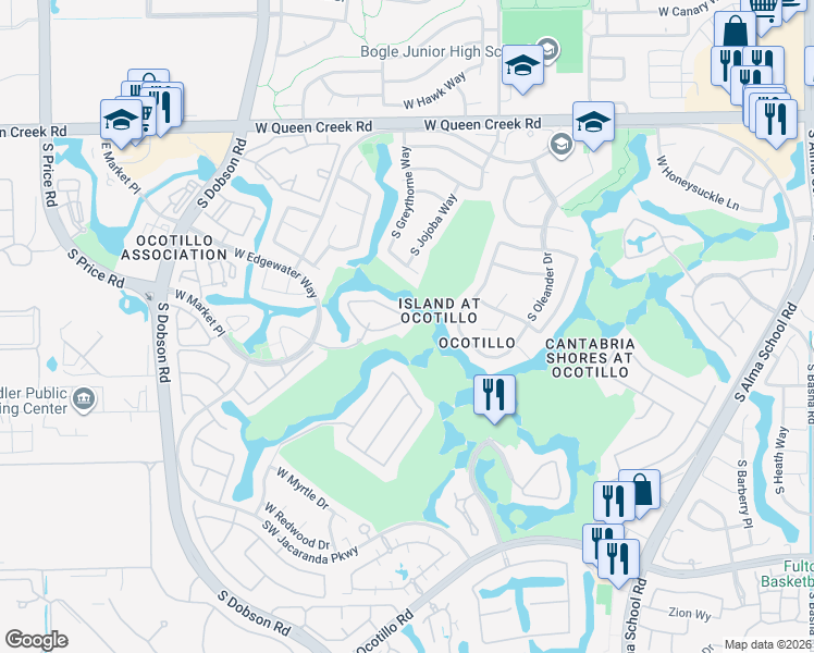 map of restaurants, bars, coffee shops, grocery stores, and more near 1974 West Peninsula Circle in Chandler