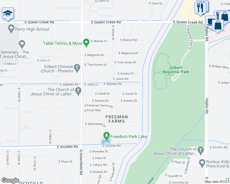 map of restaurants, bars, coffee shops, grocery stores, and more near 2602 East Carob Drive in Gilbert