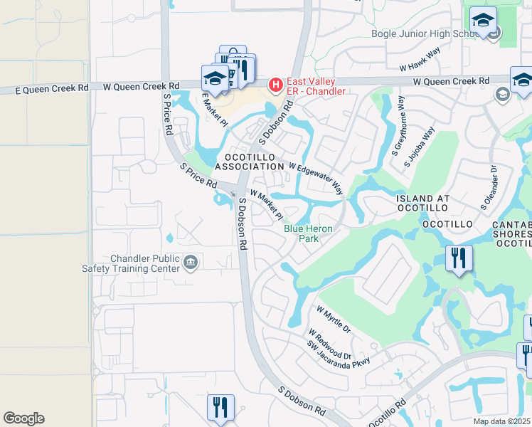 map of restaurants, bars, coffee shops, grocery stores, and more near 2477 West Market Place in Chandler