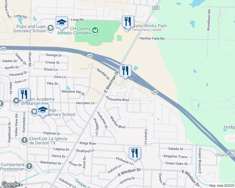 map of restaurants, bars, coffee shops, grocery stores, and more near 1406 Poinsettia Boulevard in Denton
