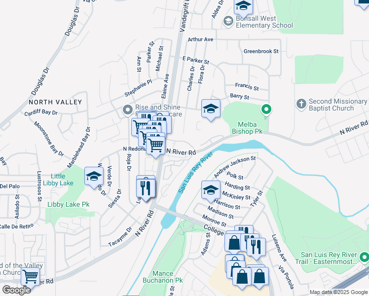 map of restaurants, bars, coffee shops, grocery stores, and more near 5004 Los Morros Way in Oceanside