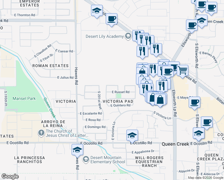 map of restaurants, bars, coffee shops, grocery stores, and more near 20256 East Russet Road in Queen Creek