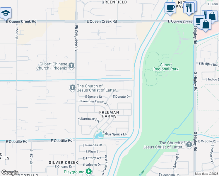 map of restaurants, bars, coffee shops, grocery stores, and more near 2602 East Carob Drive in Gilbert