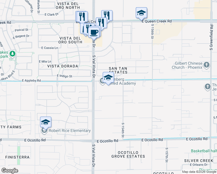 map of restaurants, bars, coffee shops, grocery stores, and more near 5245 S Val Vista Dr in Gilbert