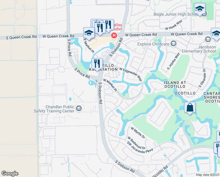 map of restaurants, bars, coffee shops, grocery stores, and more near 2460 West Hope Circle in Chandler
