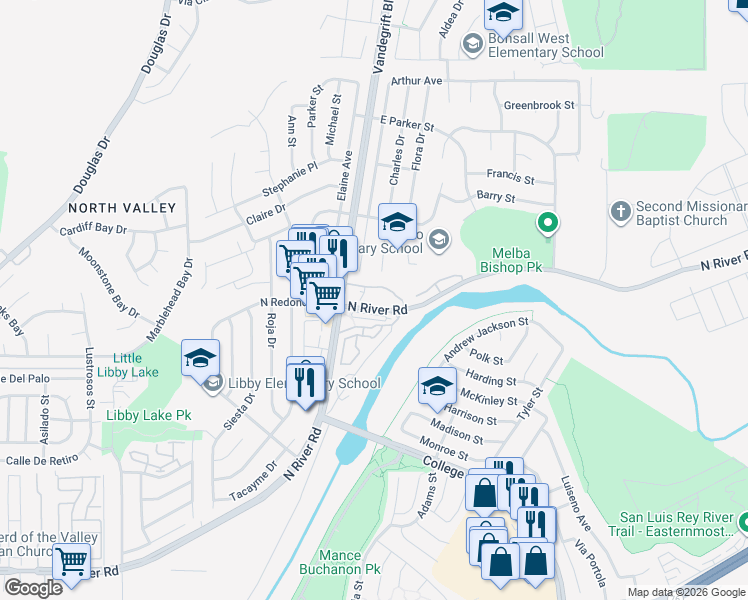 map of restaurants, bars, coffee shops, grocery stores, and more near 5022 Los Morros Way in Oceanside
