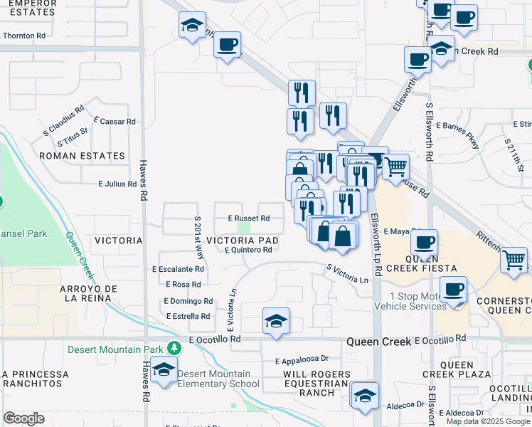 map of restaurants, bars, coffee shops, grocery stores, and more near 20332 East Russet Road in Queen Creek