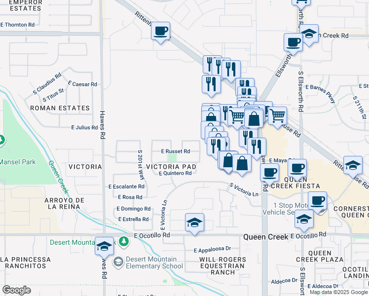 map of restaurants, bars, coffee shops, grocery stores, and more near 20332 East Russet Road in Queen Creek