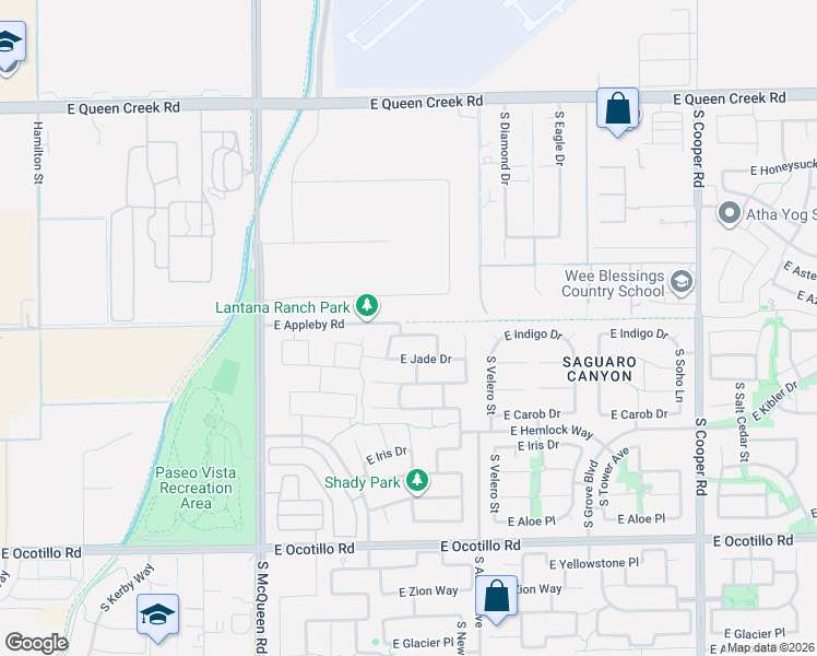 map of restaurants, bars, coffee shops, grocery stores, and more near 1390 East Indigo Drive in Chandler