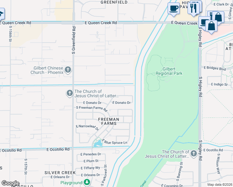 map of restaurants, bars, coffee shops, grocery stores, and more near 2682 East Carob Drive in Gilbert
