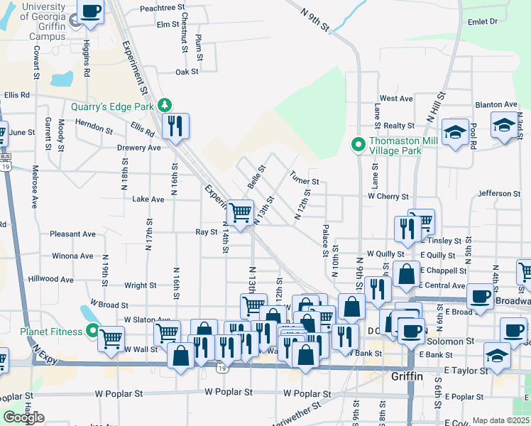 map of restaurants, bars, coffee shops, grocery stores, and more near 639 Williams Street in Griffin