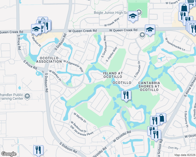map of restaurants, bars, coffee shops, grocery stores, and more near 2169 West Peninsula Circle in Chandler