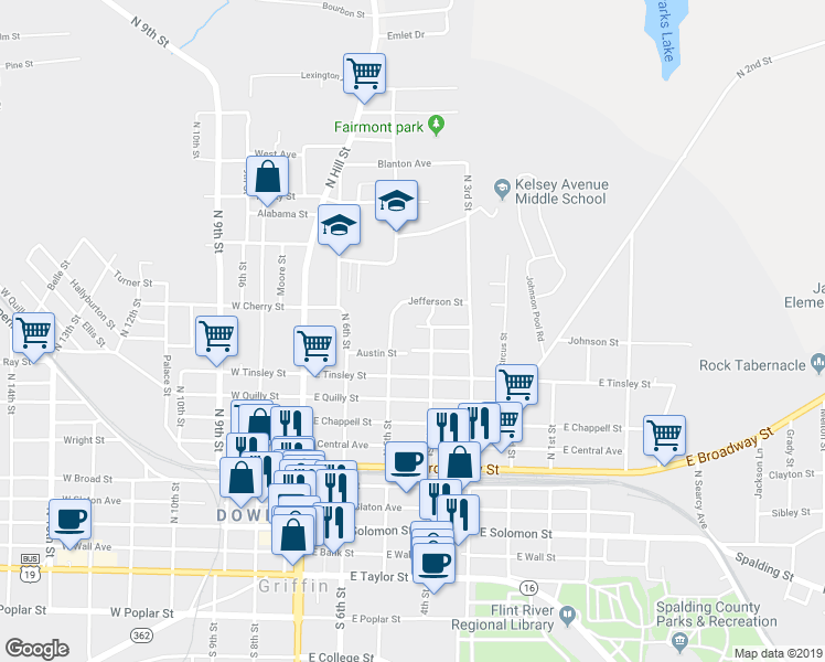 map of restaurants, bars, coffee shops, grocery stores, and more near 346 Adams Street in Griffin