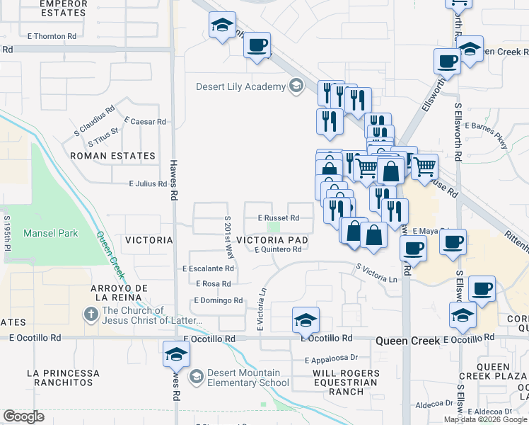 map of restaurants, bars, coffee shops, grocery stores, and more near 20256 East Russet Road in Queen Creek