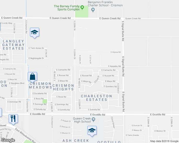 map of restaurants, bars, coffee shops, grocery stores, and more near 22123 East Camacho Road in Queen Creek
