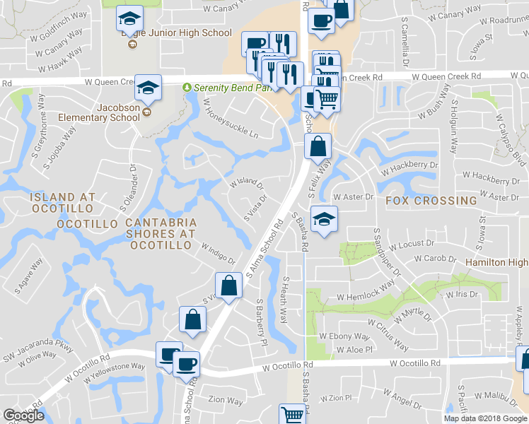 map of restaurants, bars, coffee shops, grocery stores, and more near 1162 West Sunrise Place in Chandler