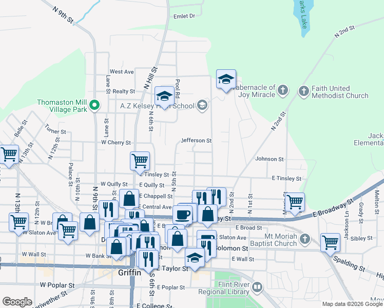 map of restaurants, bars, coffee shops, grocery stores, and more near 346 Adams Street in Griffin