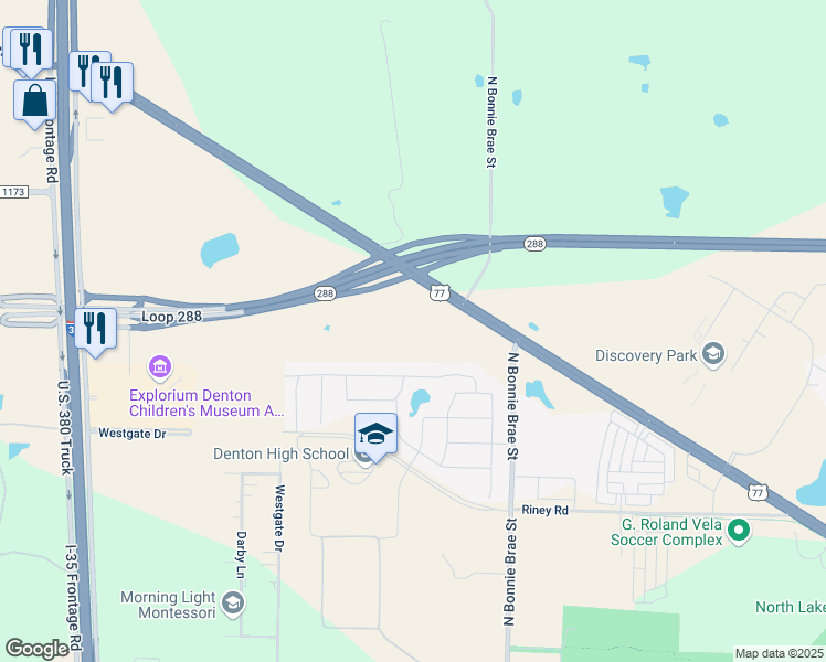 map of restaurants, bars, coffee shops, grocery stores, and more near 4005 North Elm Street in Denton